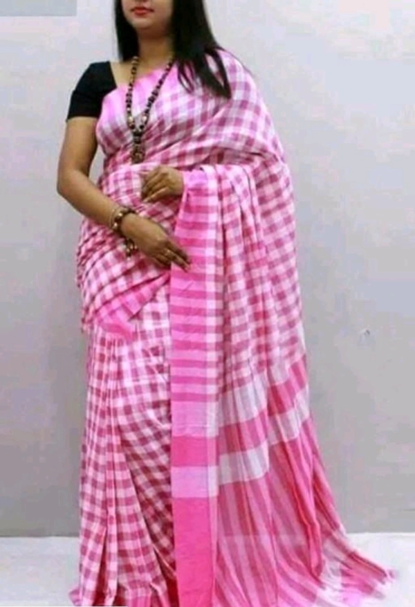 Handloom Checked Cotton Saree With Separate Same louse Peace - Light Pink